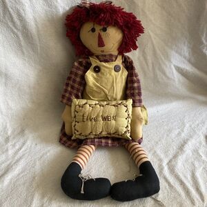 Vintage Tea Stained 23 inch Tall Raggedy Ann Doll Holding a Pillow Live Well